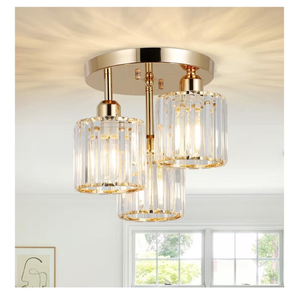 PAUFUL Crystal Semi Flush Mount Ceiling Light Rose Gold 3-Light Fixture